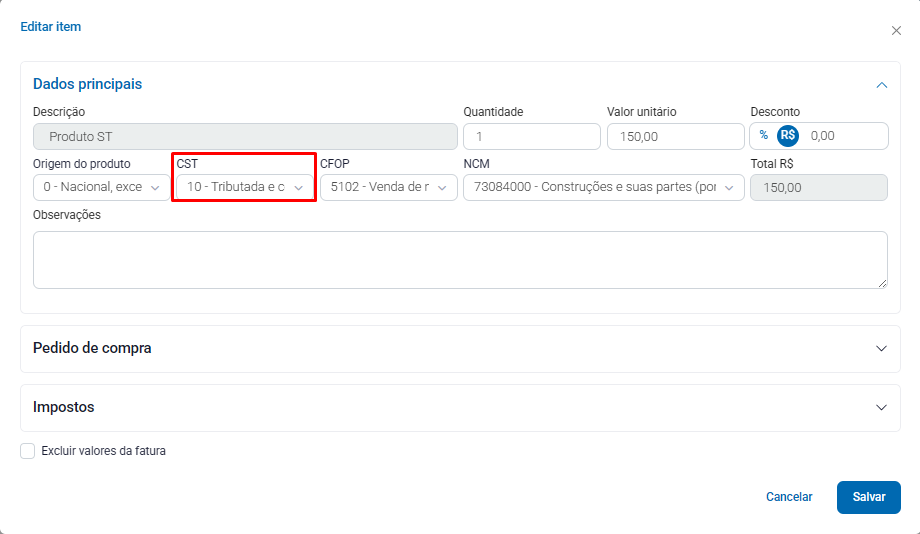 Alterando CST para 10 no ZWeb